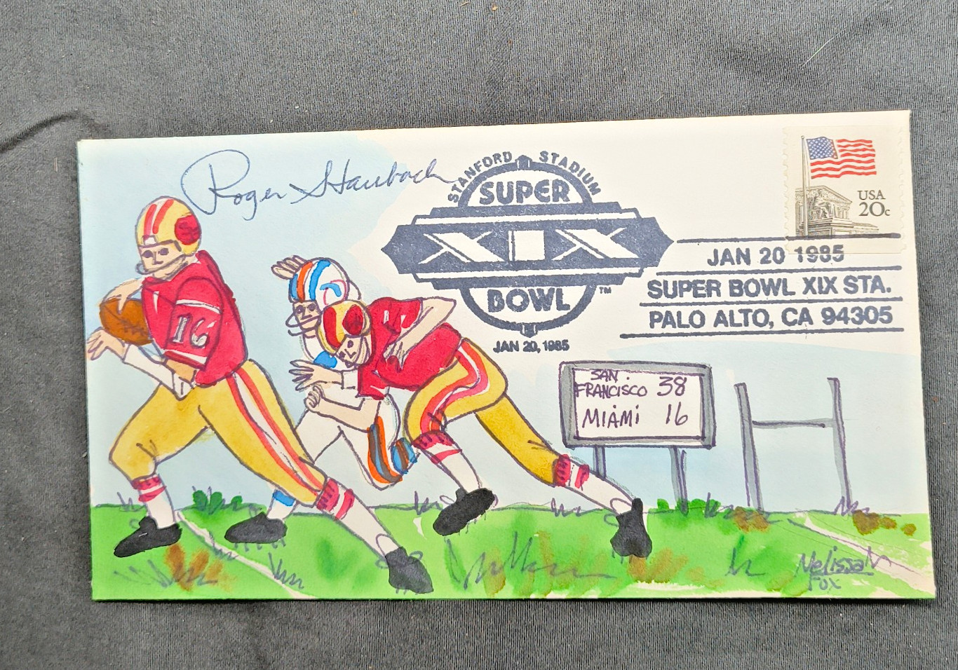 Roger Staubach Signed Hand Painted Cachet Env. Super Bowl XIX 1985 Melissa Fox Roger Staubach Signed Hand Painted Cachet Env. Super Bowl XIX 1985 Melissa Fox