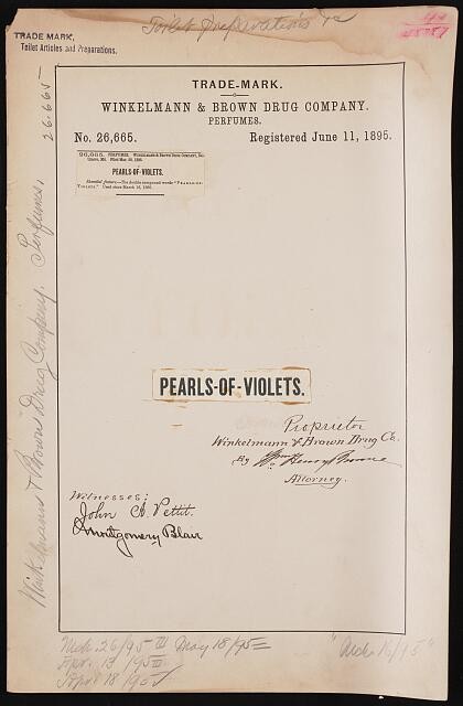 Winkelmann Brown Drug Company Pearls of Violets Perfume Trademark 1895