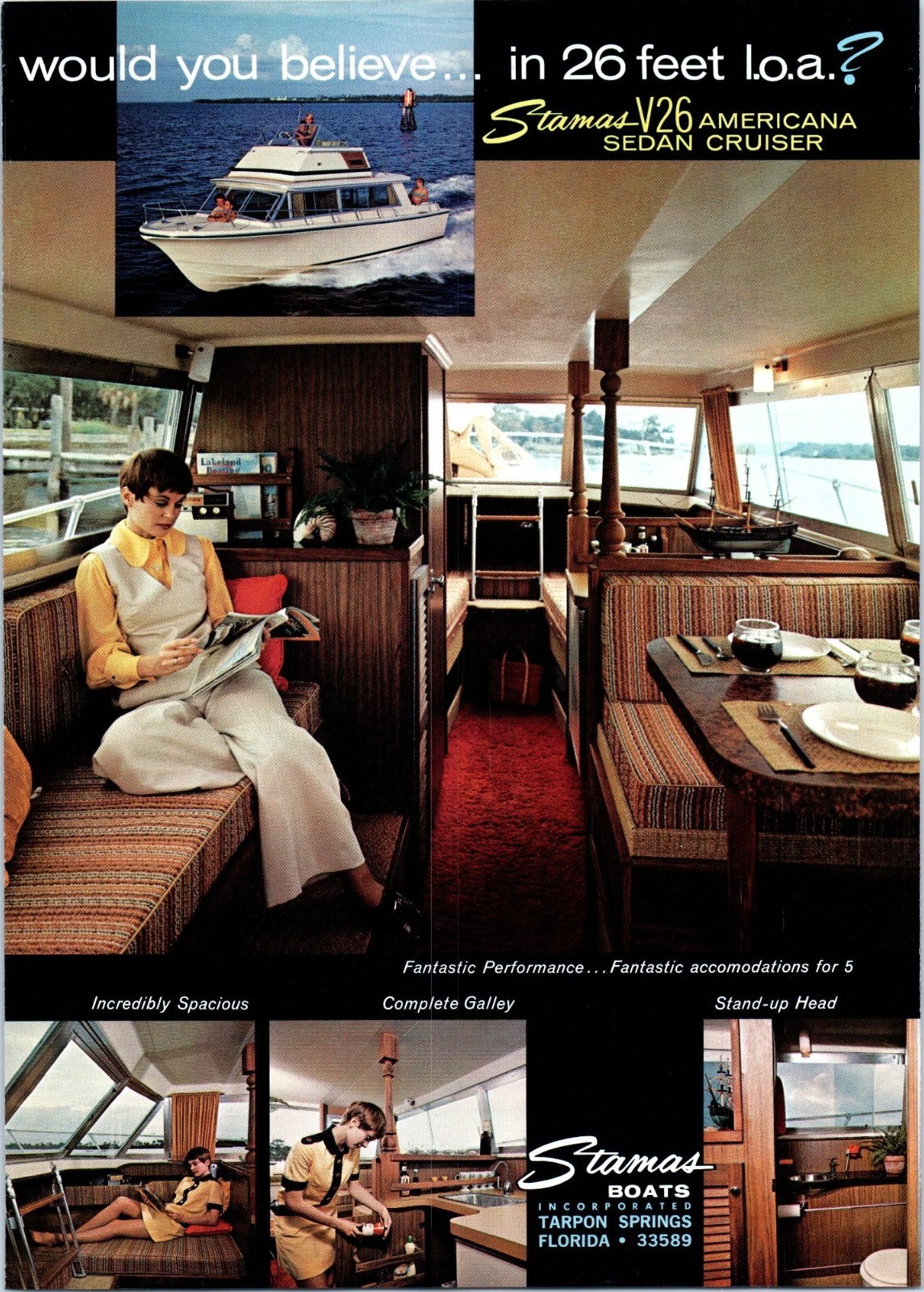 1971 Stamas Boats V26 Americana Sedan Cruiser Vintage Print Ad Nautical Wall Art