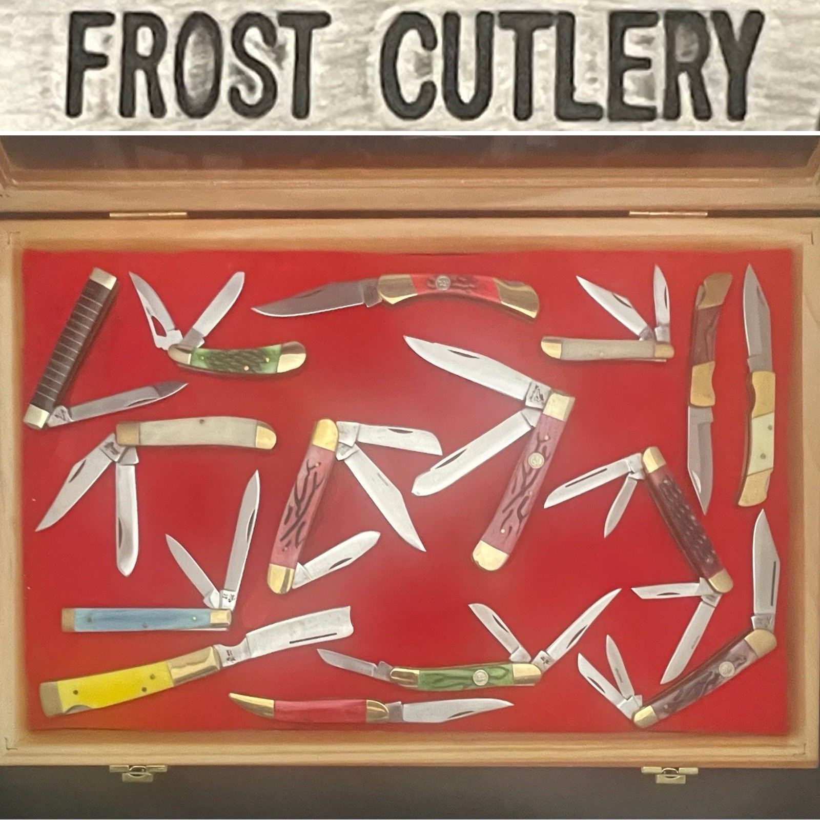 Frost Cutlery 15pc Variety Pk SS Blade Wood Handle Pocket Knives w/Display Case