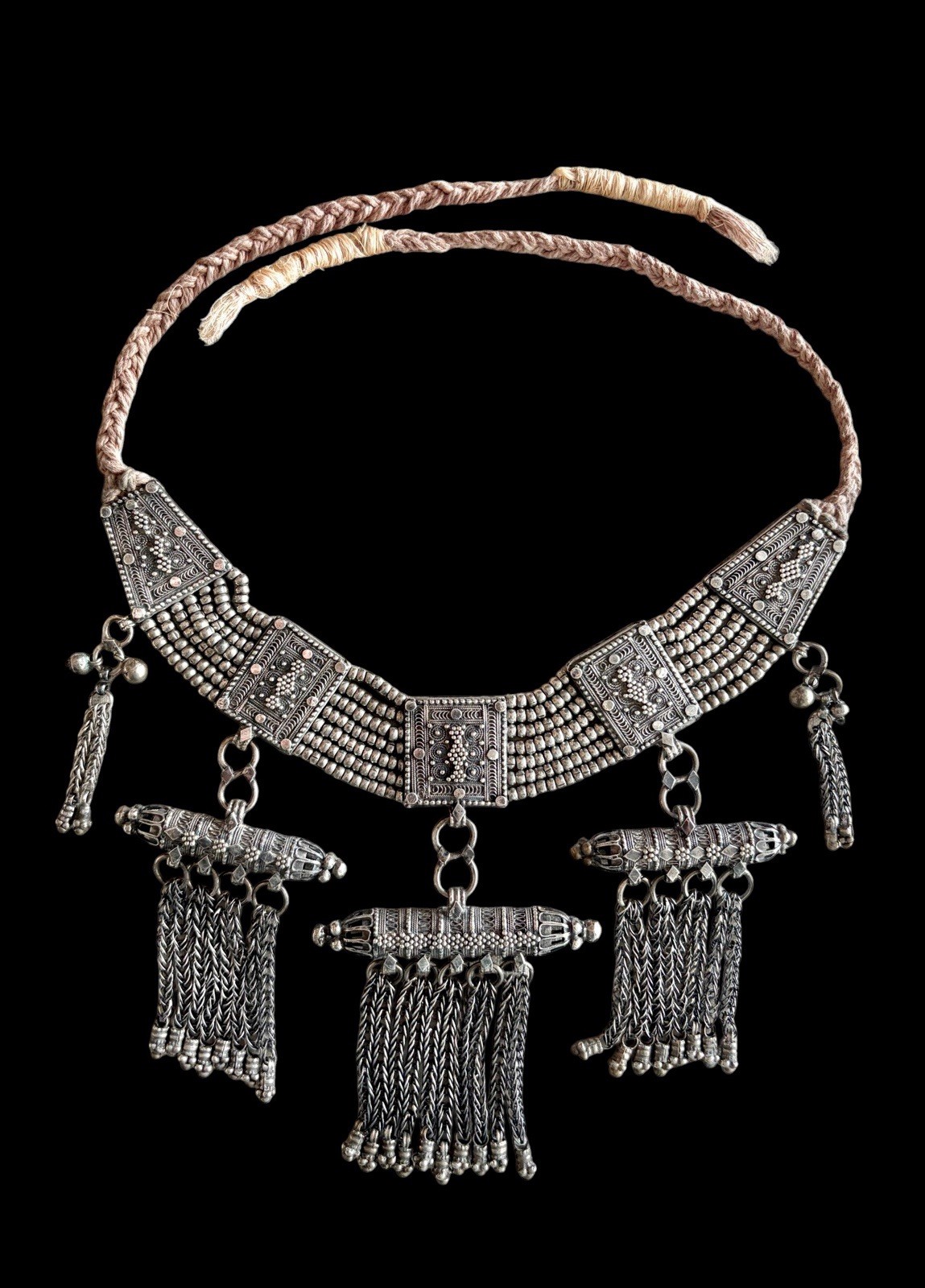 Antique Fine Solid Silver Yemenite Jewish Bridal Lasem Necklace Tribal Filigree