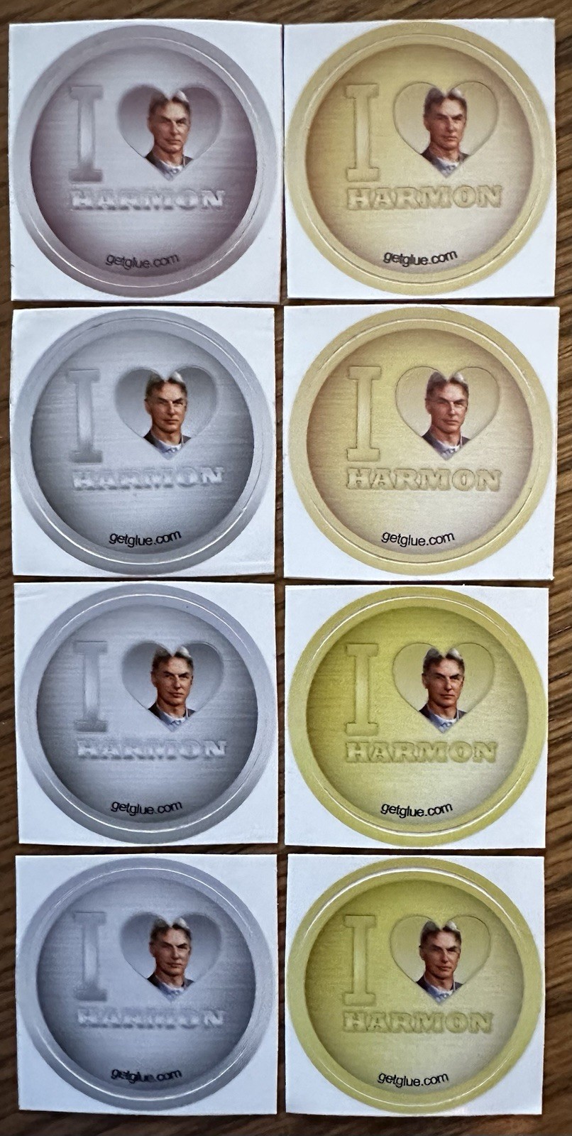 2 GetGlue Promo Stickers NCIS TV Show Mark Harmon I ❤️ Harmon Yellow Gray