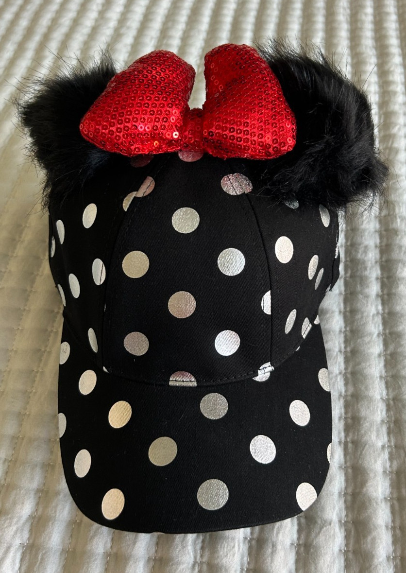 Disney Minnie Mouse Baseball Cap hat black/silver Polka Dot, Red Puffy Bow NEW Disney Minnie Mouse Baseball Cap hat black/silver Polka Dot, Red Puffy Bow NEW