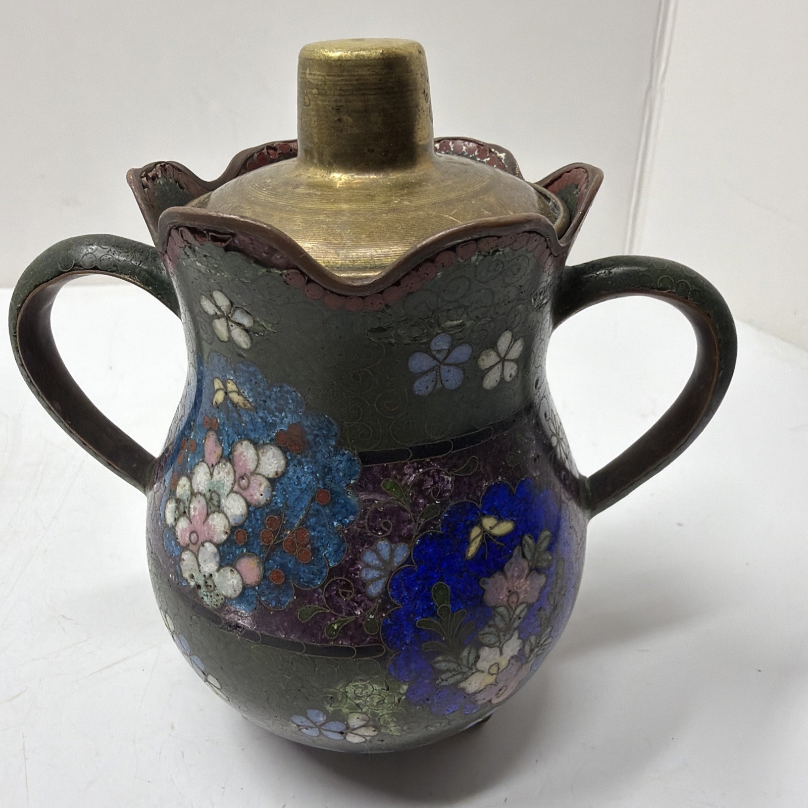 Antique Japanese Multi-Color Cloisonne Covered Jar - Flower & Butterfly Design 