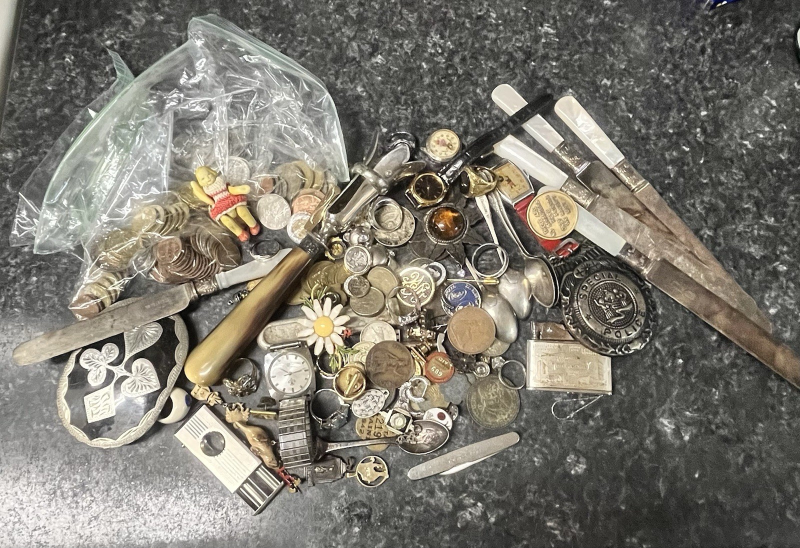 VTG Grandpa’s Estate Junk Drawer Jewelry Pins Watches Coins Tokens Cool Stuff