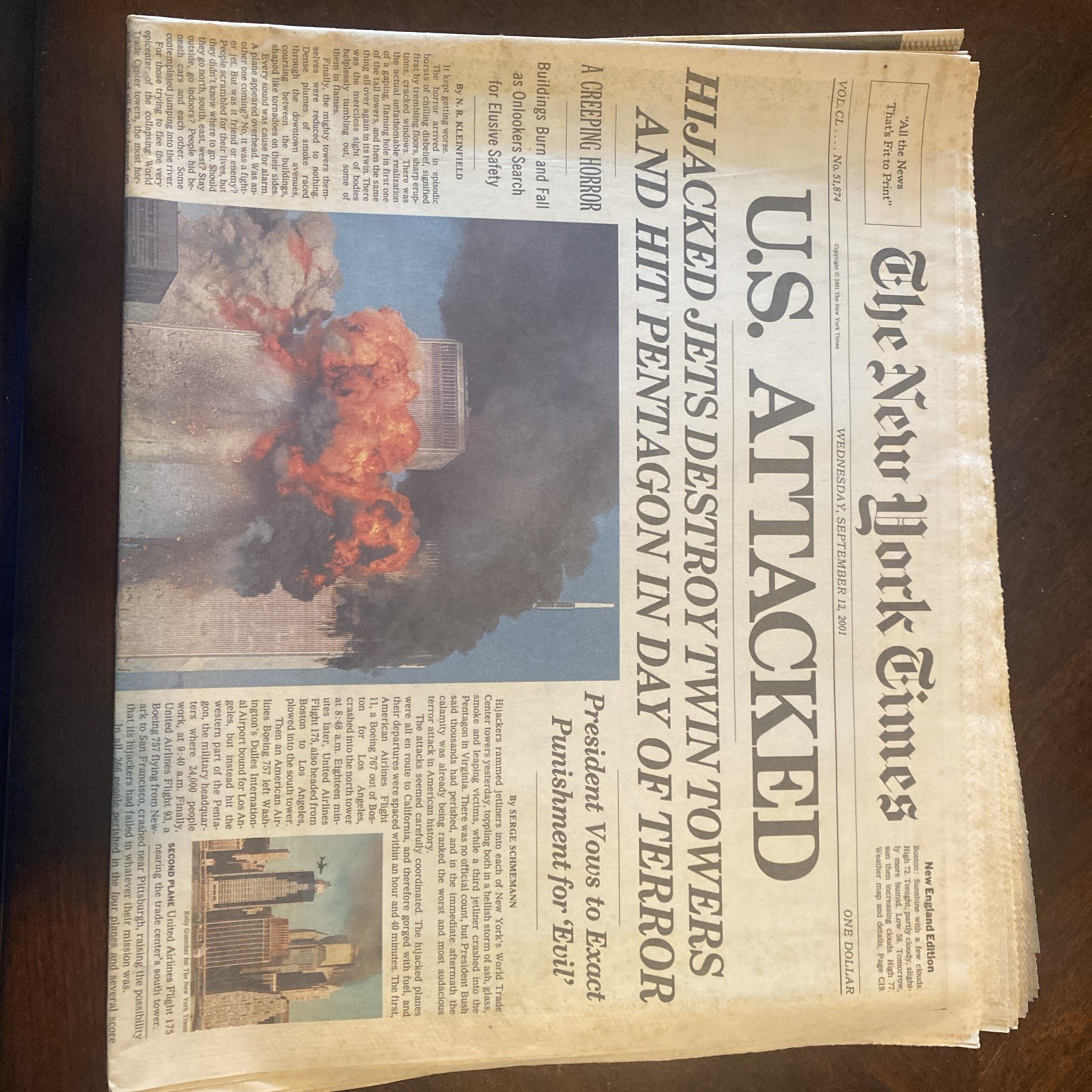 U.S. ATTACKED New York Times NYT Newspaper 9 11 01, Sept 12, 2001 New Condition U.S. ATTACKED New York Times NYT Newspaper 9 11 01, Sept 12, 2001 New Condition