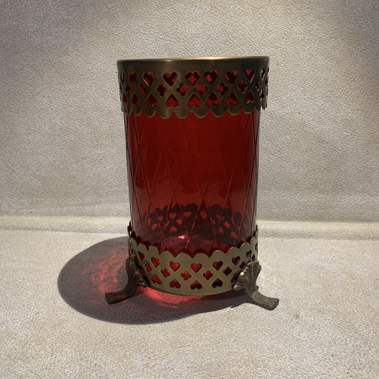 Vintage Bohemian Footed Ruby Red Diamond Cut w/Brass  Trim 7