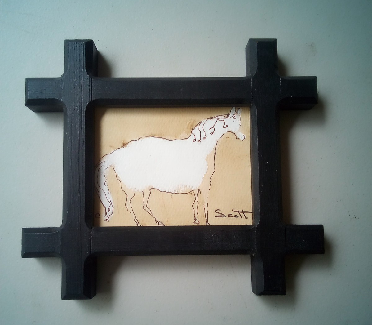 Vintage Small Black Wood Tramp Folk Art Frame Original Horse Drawing Artwork Vintage Small Black Wood Tramp Folk Art Frame Original Horse Drawing Artwork
