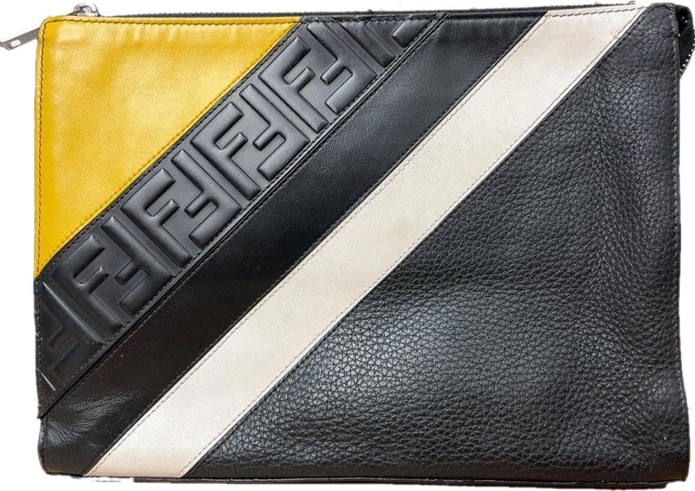 FENDI Leather Clutch Bag Diagonal FF Pattern Black Yellow Silver Hardware
