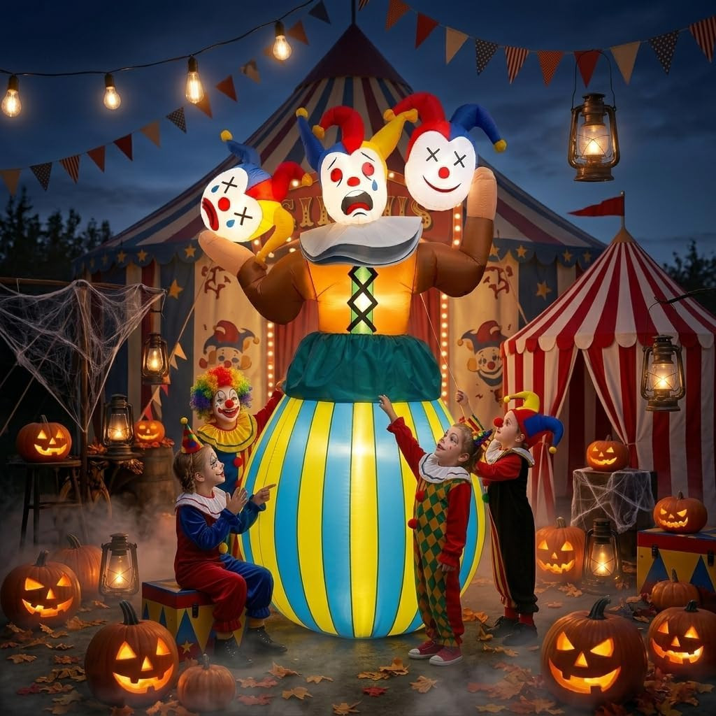 8FT Giant Halloween Inflatable Scary Jester 3 Headed Clown Flashing LED Carnival