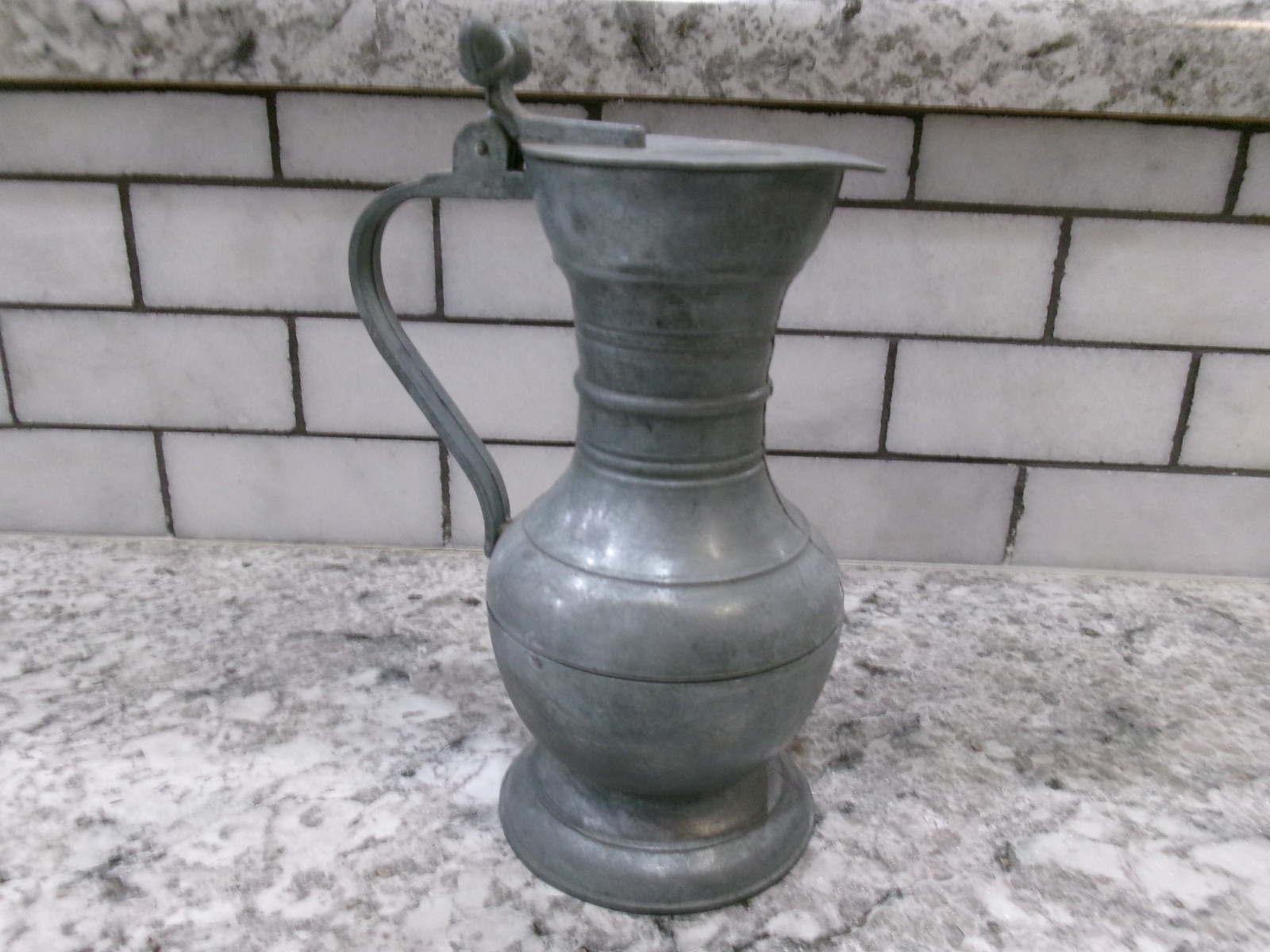 Antique Pewter Pitcher, Acron Thumb-Lift Hinge Lid 6.5\