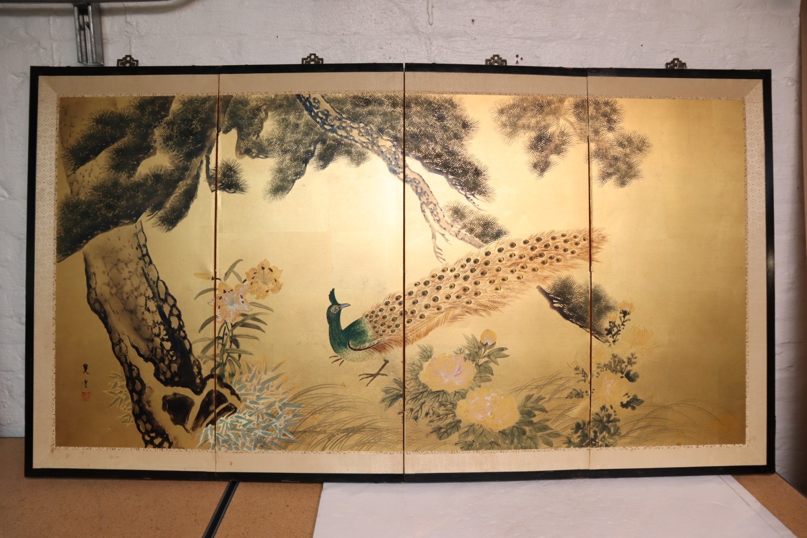 Japanese VTG 4 Panel Folding Screen Asian Byobu Painted Chinese 67x36 Asian ATQ)