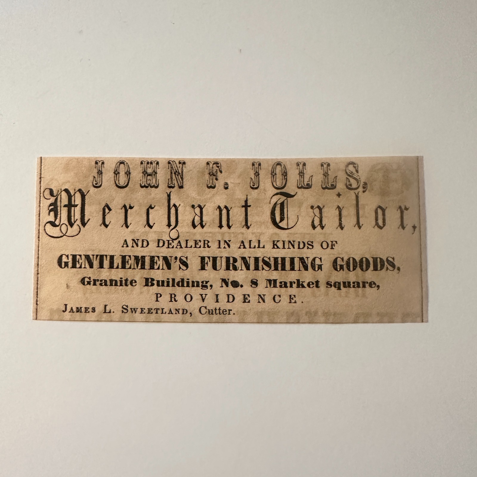 John F Jolls Merchant Tailor Furnishing Goods 1856 Providence RI Ad 5AK8-S16 John F Jolls Merchant Tailor Furnishing Goods 1856 Providence RI Ad 5AK8-S16