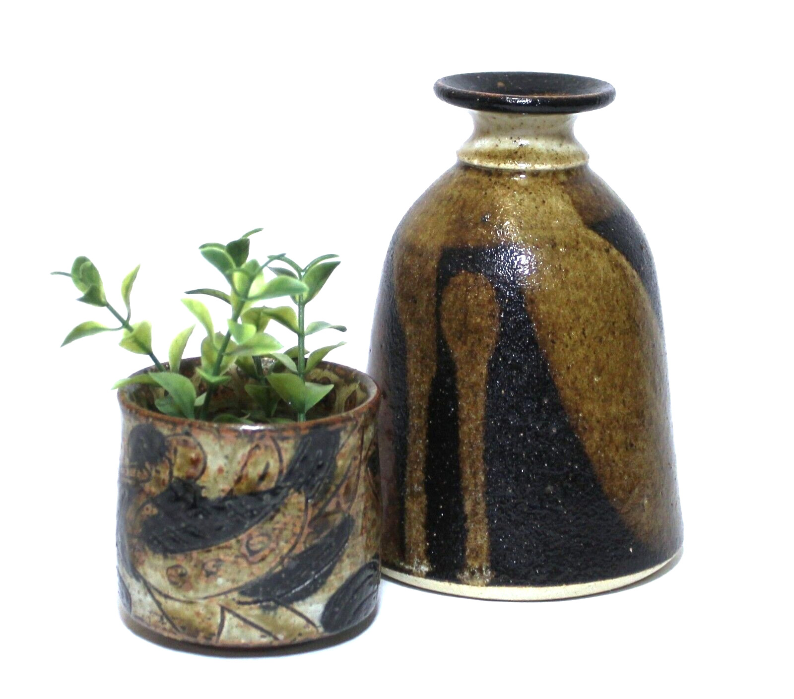 Artist Signed Pottery Vase & Planter Brown Black Drip Glaze Set 2