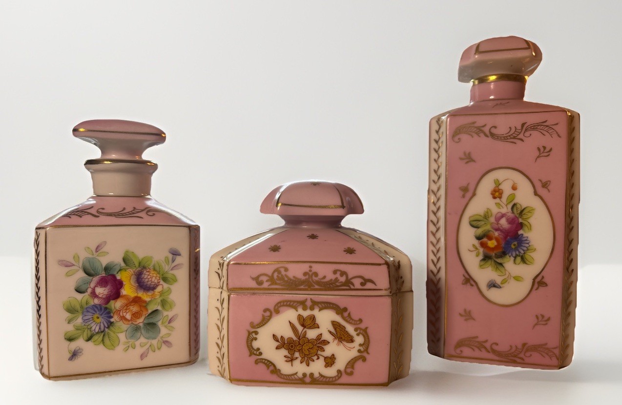 3 PC Vintage Shafford Parisienne Porcelain Vanity Set Pink Floral White Gold