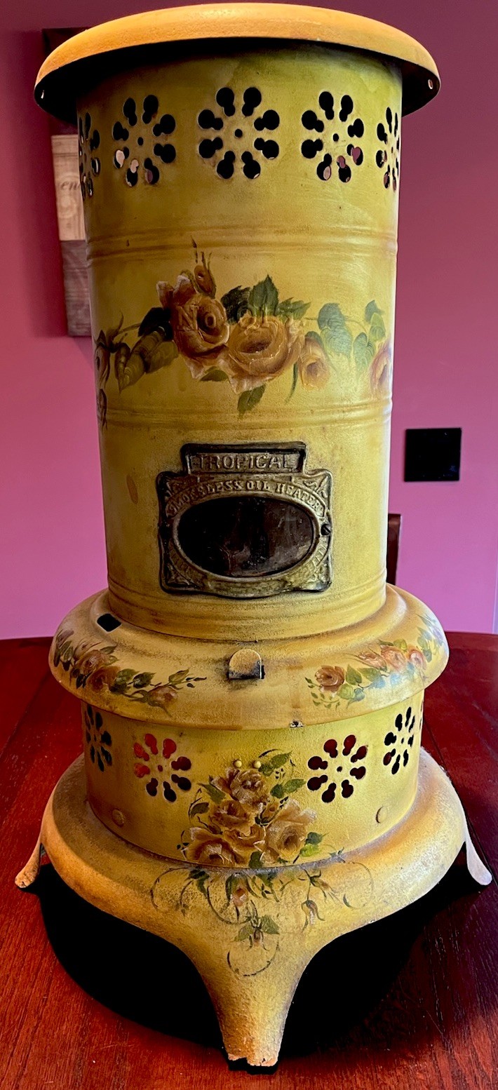 Antique Early 1900s TROPICAL Smokeless Oil Heater Rare Floral Design. 24”hx 15”w Antique Early 1900s TROPICAL Smokeless Oil Heater Rare Floral Design. 24”hx 15”w