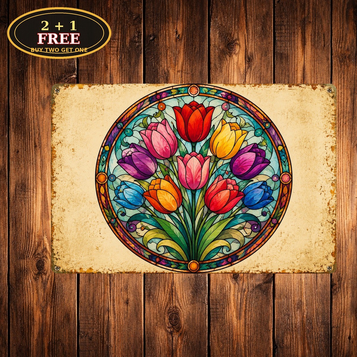 Bohemian Tulip Vibrant Floral Flower Pattern Faux Suncatcher Metal Sign 8x12