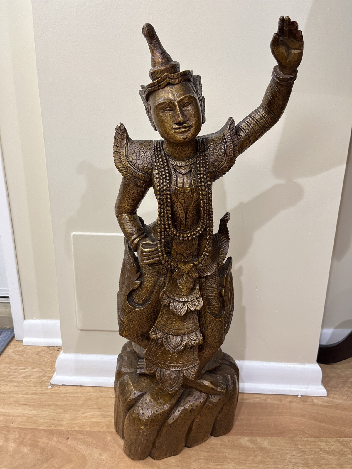 VINTAGE ASIAN THAI BURMESE WOOD CARVED SCULPTURE LARGE STATUE, SCULPTURE 31” T