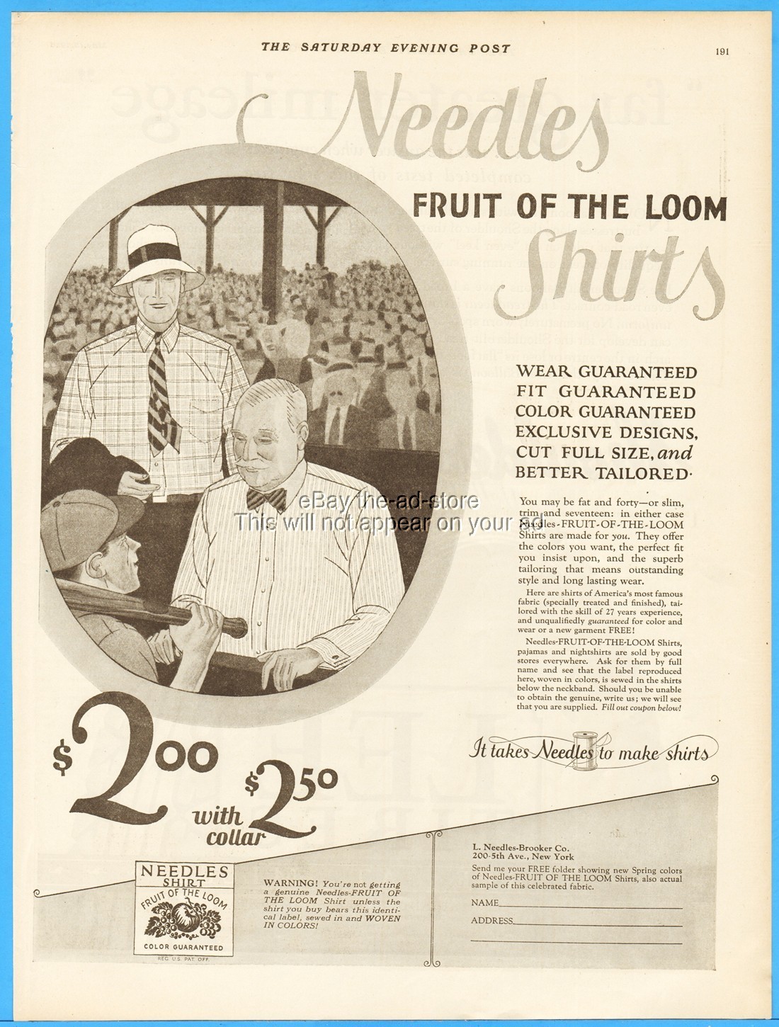 1926 L. Needles Brooker Co New York Fruit of the Loom Shirt 1920's Baseball Ad
