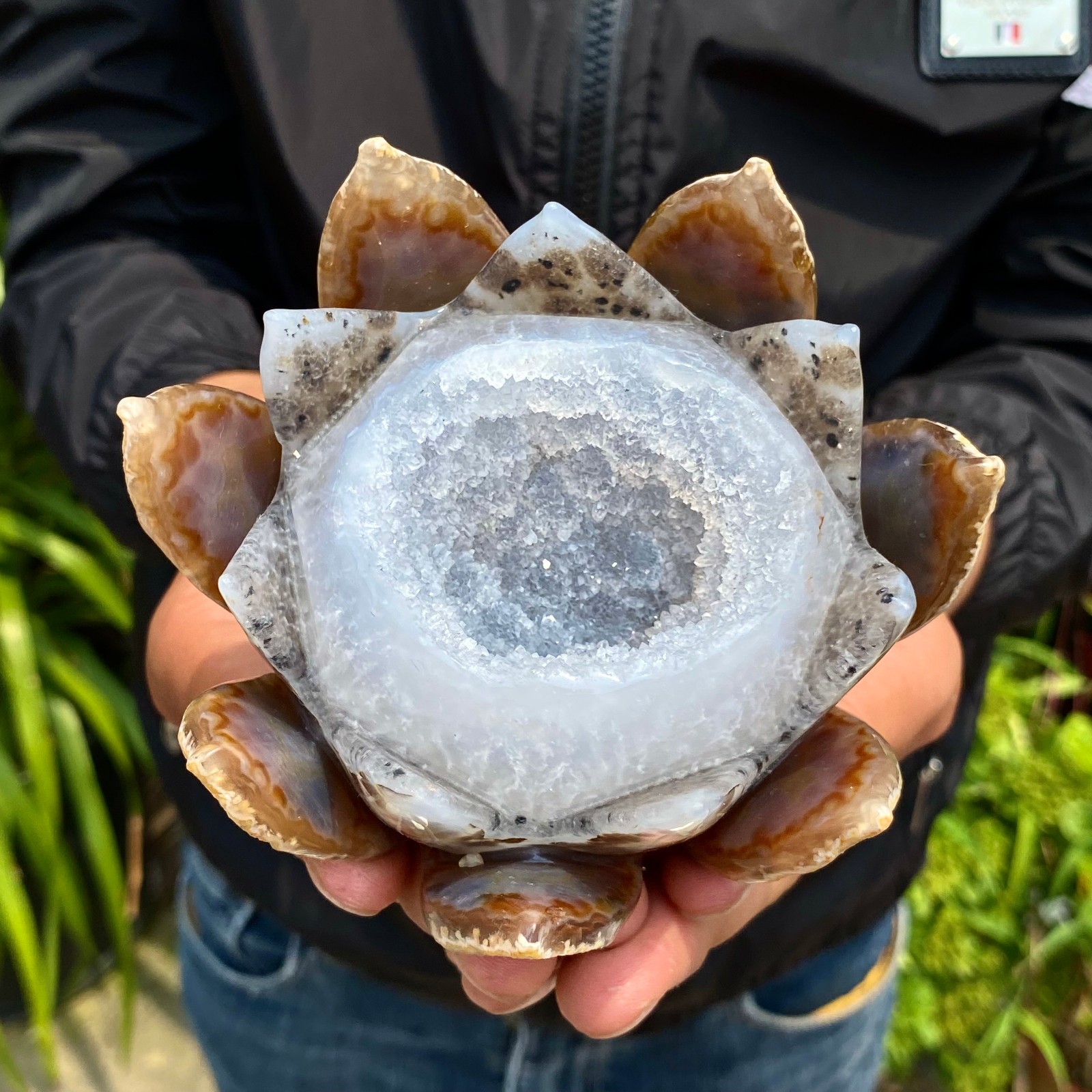 1.54LB Natural Agate Geode Carved Lotus Flower, Hand Carved Healing Crystal Home