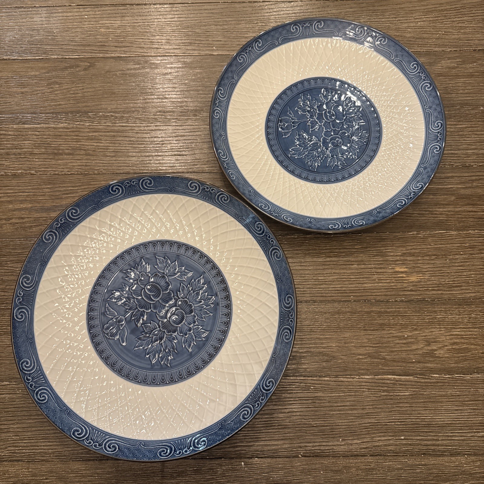 Set Of 2 Vintage Arita Mansen Embossed Blue Plates Camelias 14.5” and 15.5”
