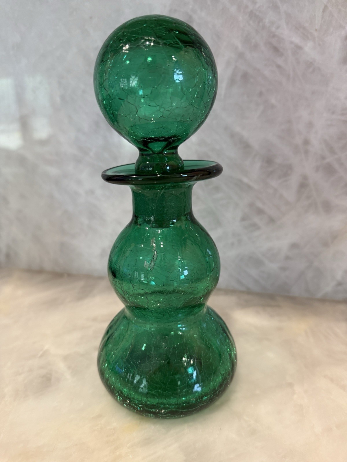 Vintage Green Rainbow Crackle Decanter & Bulb Stopper  #343 Art Glass MCM