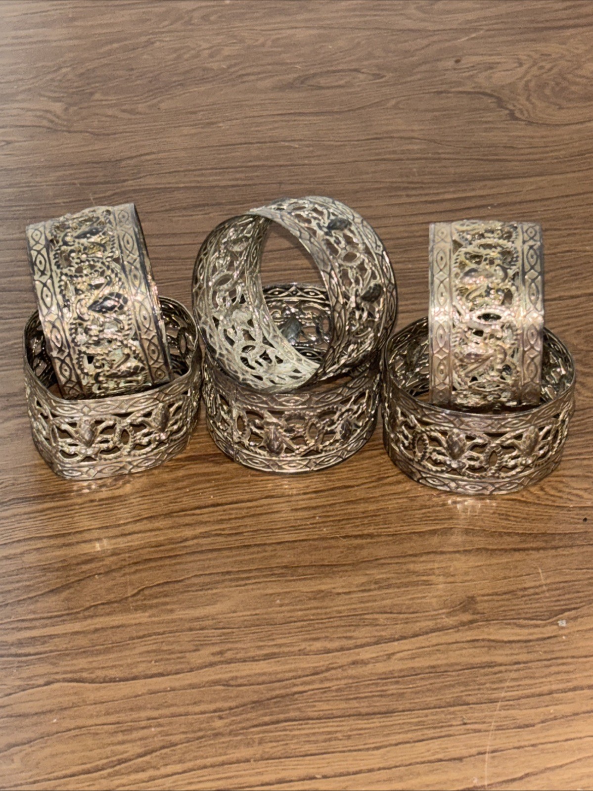 Vintage Silver Plated Filigree Set of Six - 1.75”W Napkin Rings Dented, Discolor