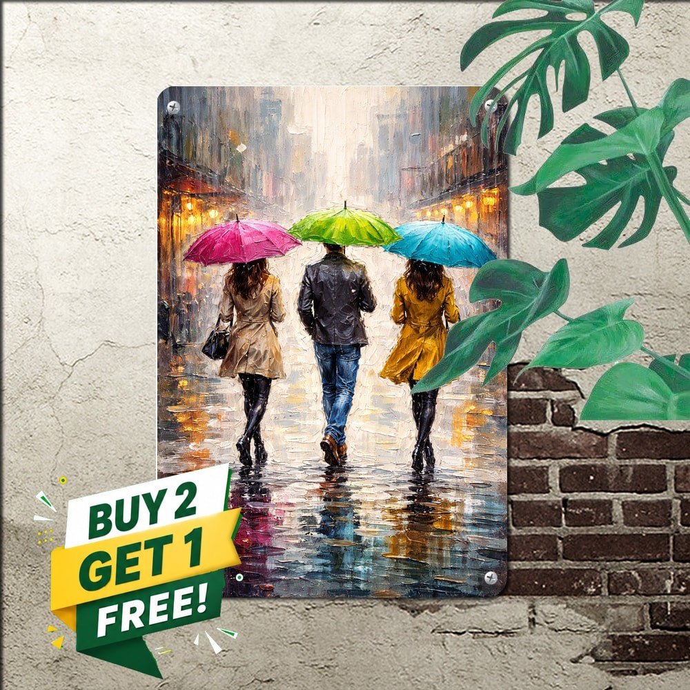 Three Women Dancing In Rain Colorful Umbrella Canvas Style Metal Sign 8x12
