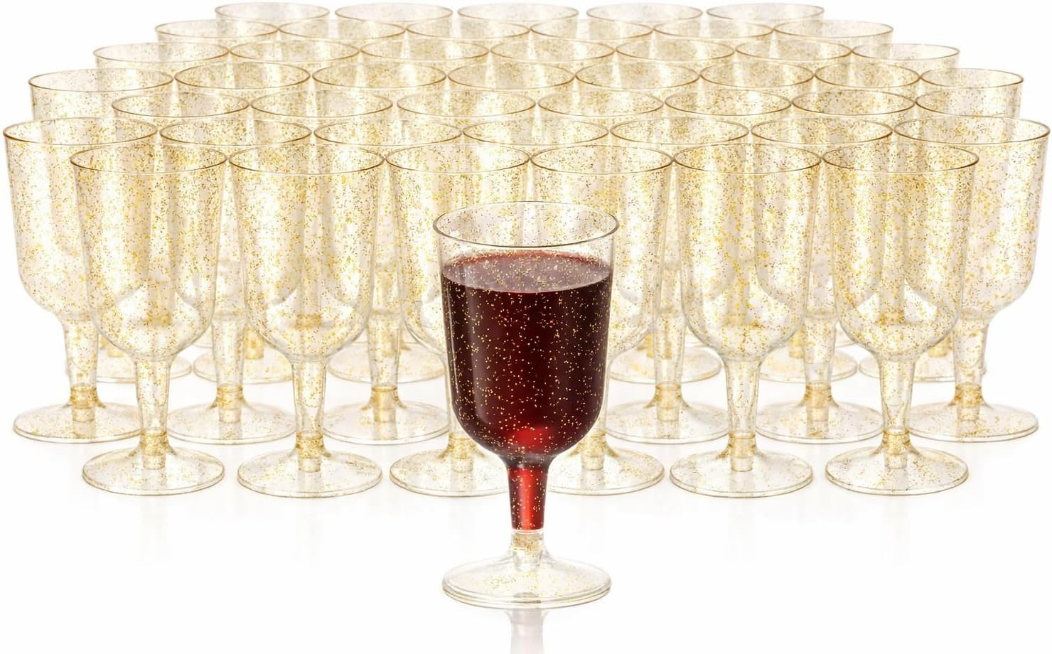 50 Gold Glitter Plastic Wine Glasses for Weddings, Birthdays, Bridal Shower & Pa
