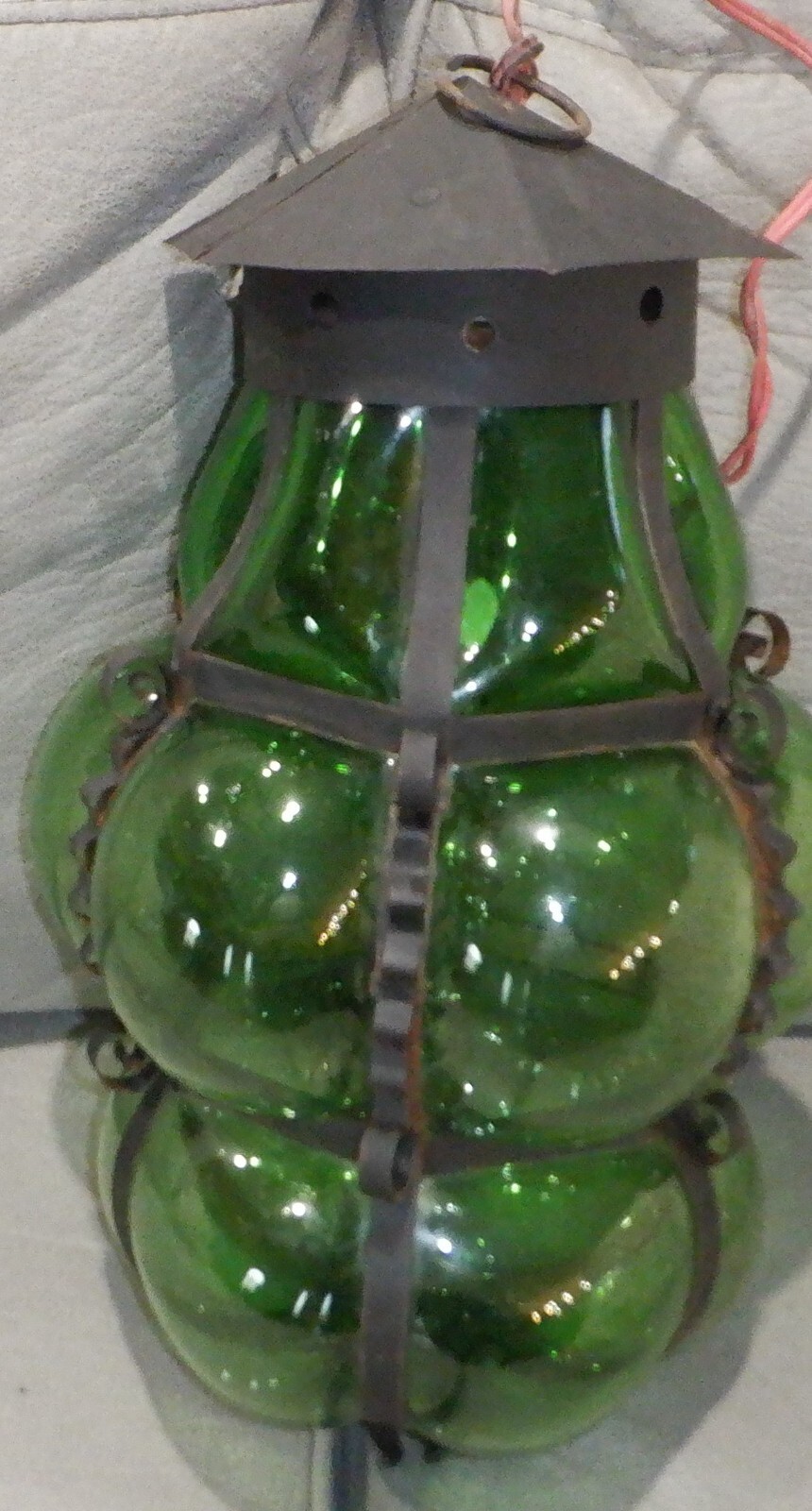 Antique GREEN Glass Hanging  Light Lamp Globe OLD Caged Glass MCM Hand Blown??