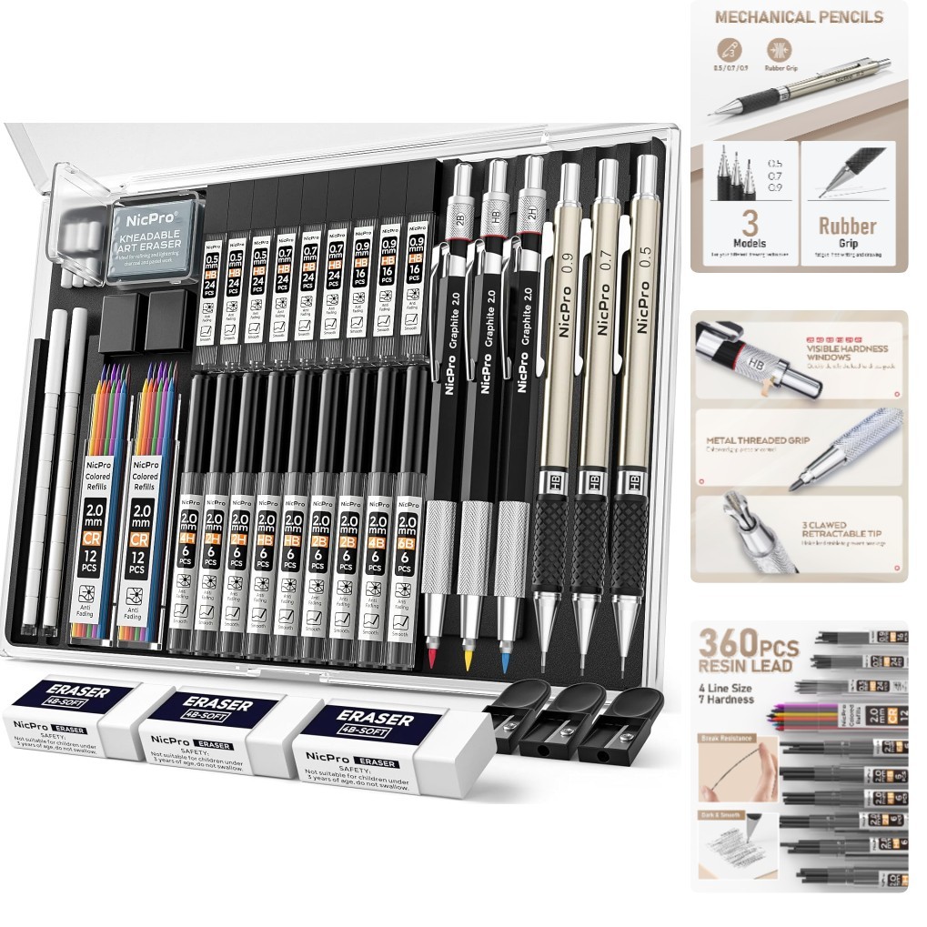 Versatile 35PCS Mechanical Pencil Set: 6 Pencils & 20 Assorted Lead Refills