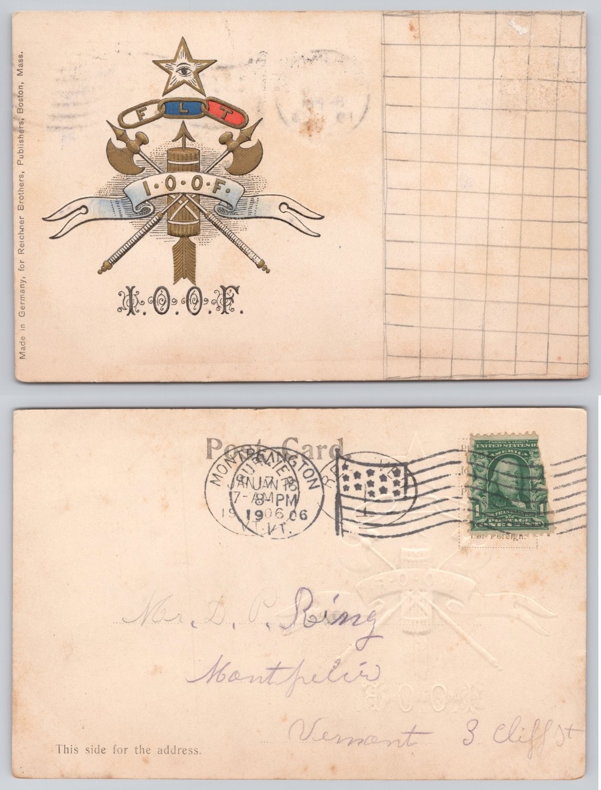 1906 I.O.O.F. Odd Fellows Postcard Montpelier VT Made in Germany Embossed