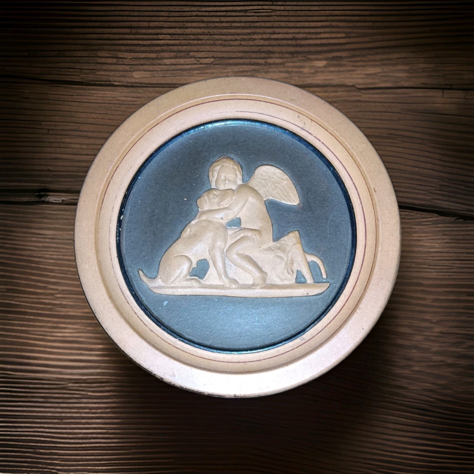 Antique P Ipsen Kjobenhavn 395 Terracotta Round Box Cherub Angel Dog Copenhagen 