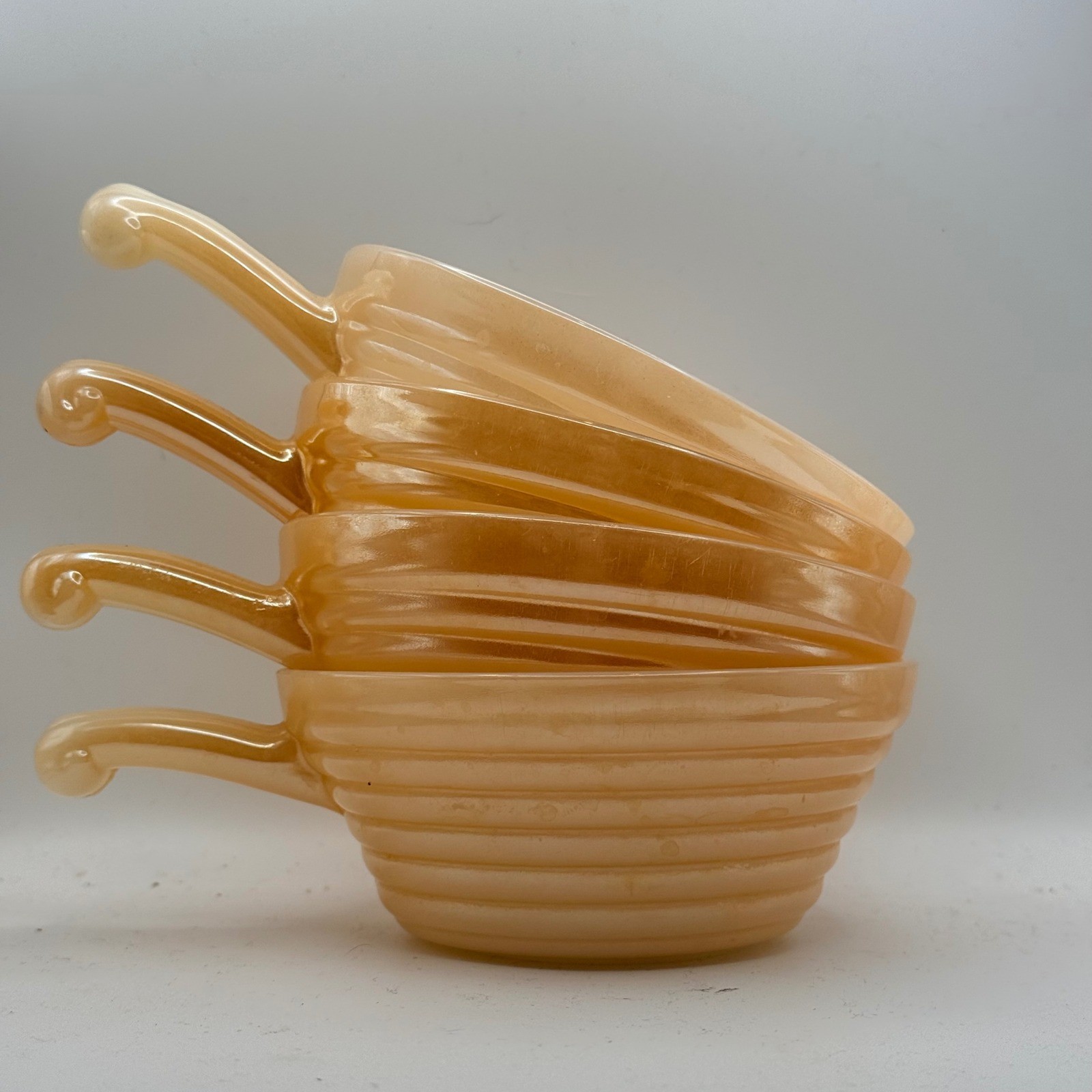 Fire-King Peach Lustre French Casserole Bowls Set of 4 Ribbed Milk Glass Vintage