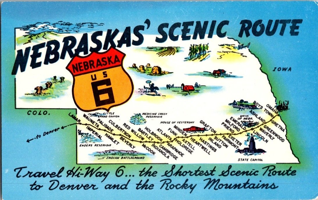 Vintage Nebraska Scenic Route US 6 Highway Map Postcard by Dunlap-Henline Vintage Nebraska Scenic Route US 6 Highway Map Postcard by Dunlap-Henline