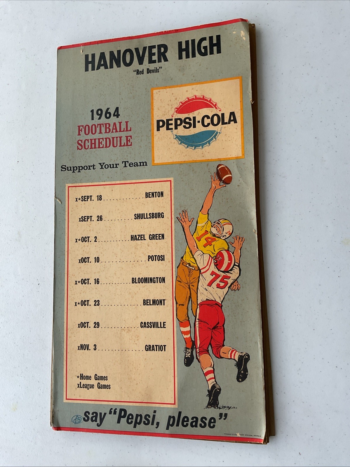 1964 PEPSI Hanover High School Football Schedule Sign Tyndale & Co 20\