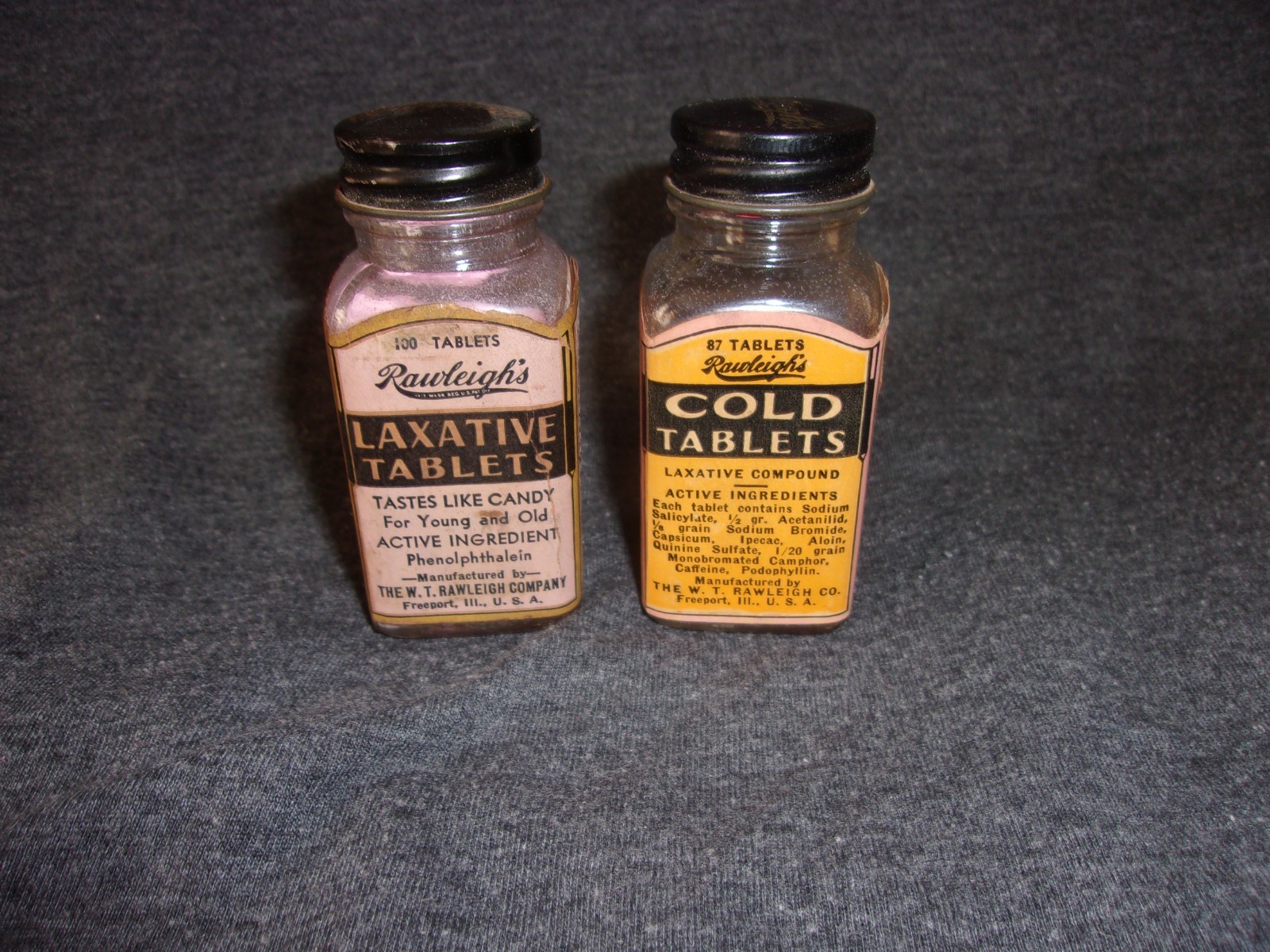 2 Old Vintage Rawleigh's Tablets Bottles Laxative & Cold Tablets Some Product