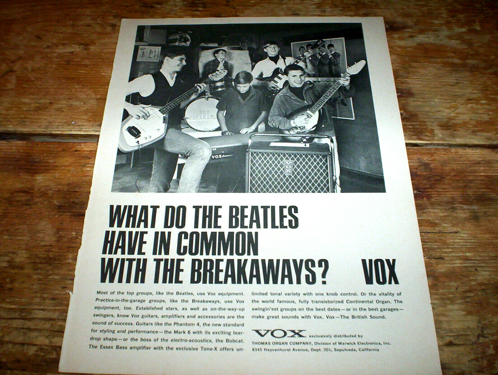 VOX beatle amp / guitars ( THE BREAKAWAYS ) 1966 Vintage U.S. PROMO Ad NM-