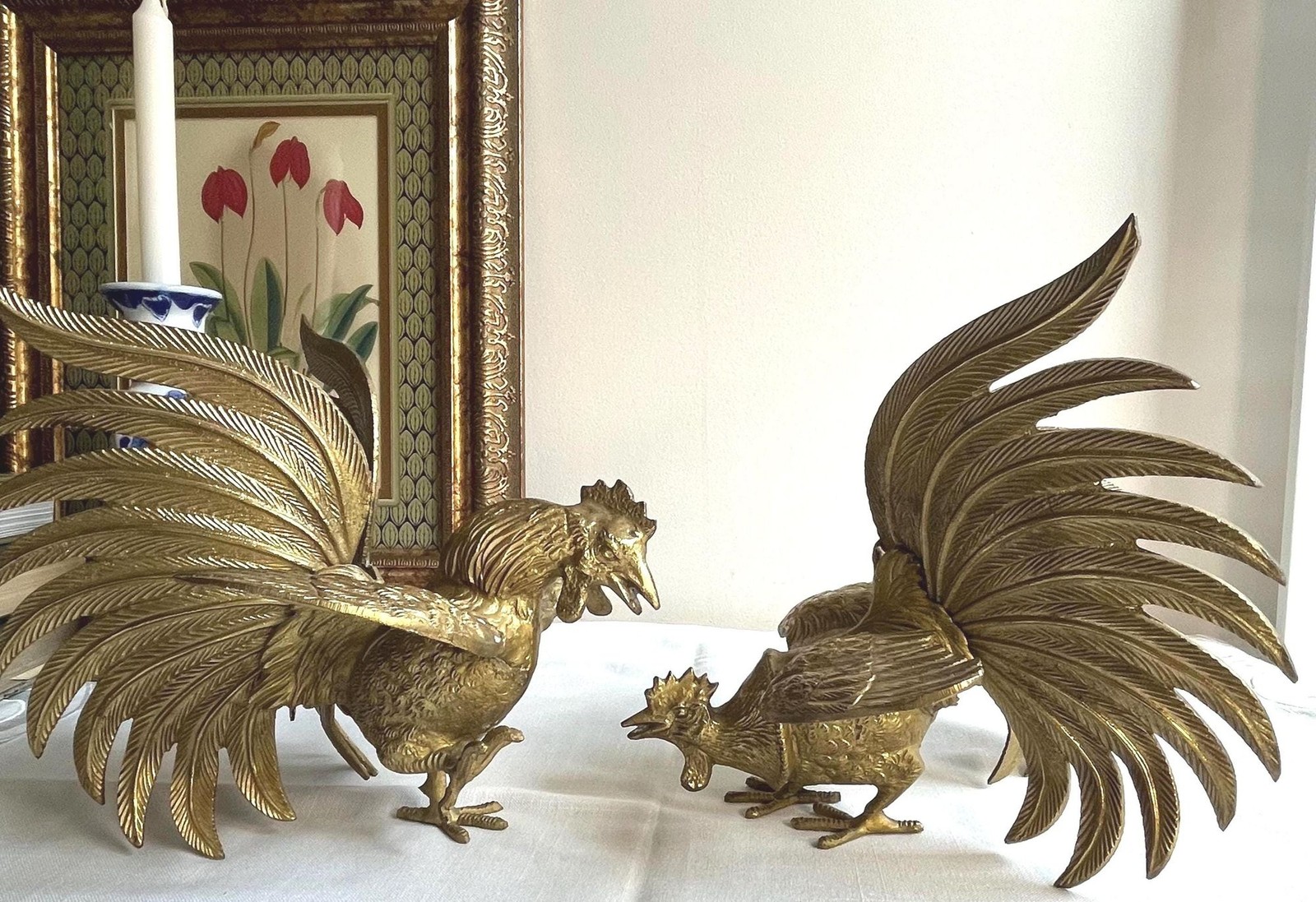 Vintage Pair of Solid Brass Fighting Cock Rooster Statue Figurine MCM Decor