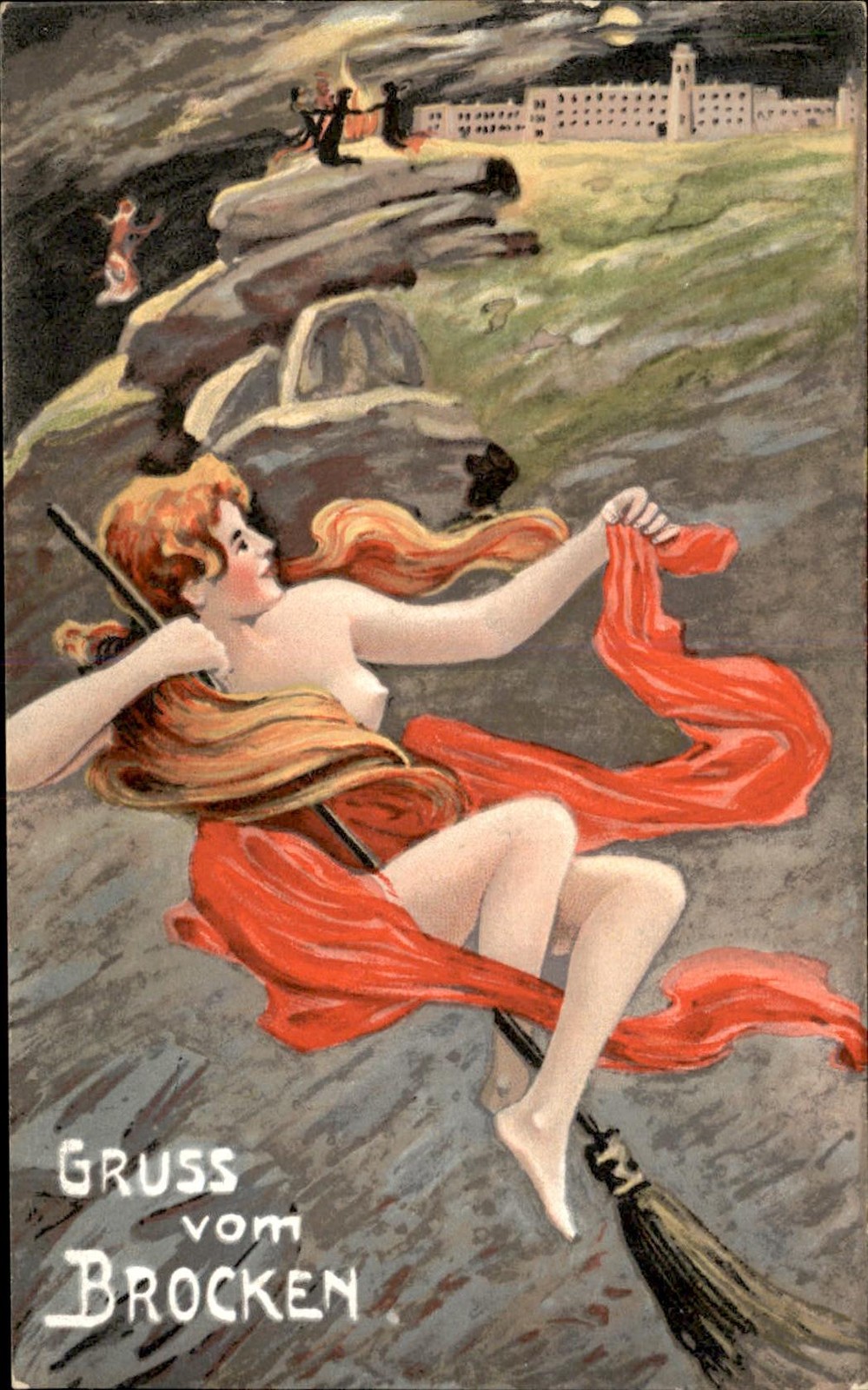 Gruss Aus Brocken Beautiful Nude Witch Broom c1900s-10s Vintage Postcard bhn