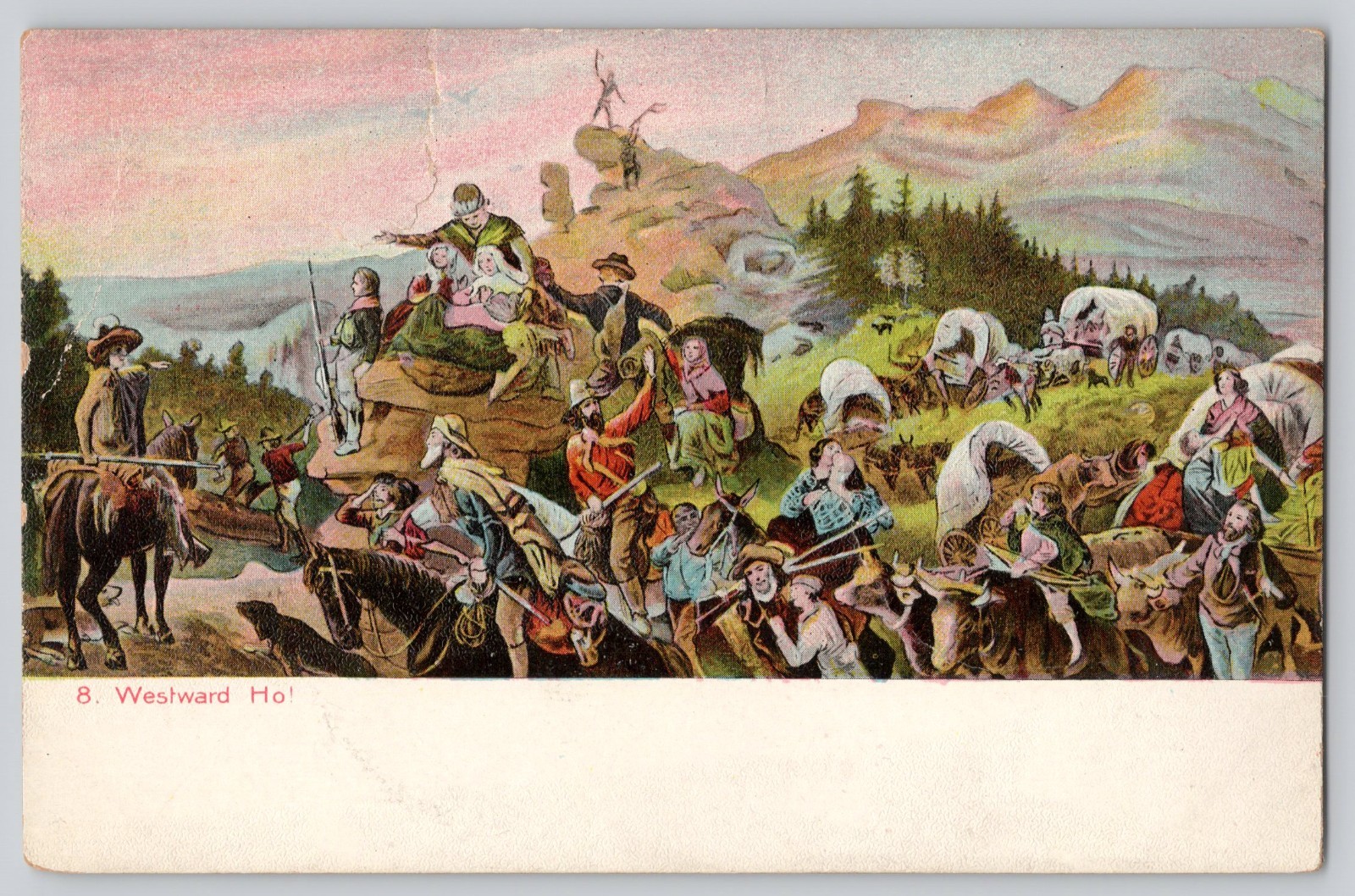 Postcard - Westward Ho - Cowboy Western Wagon Train Painting