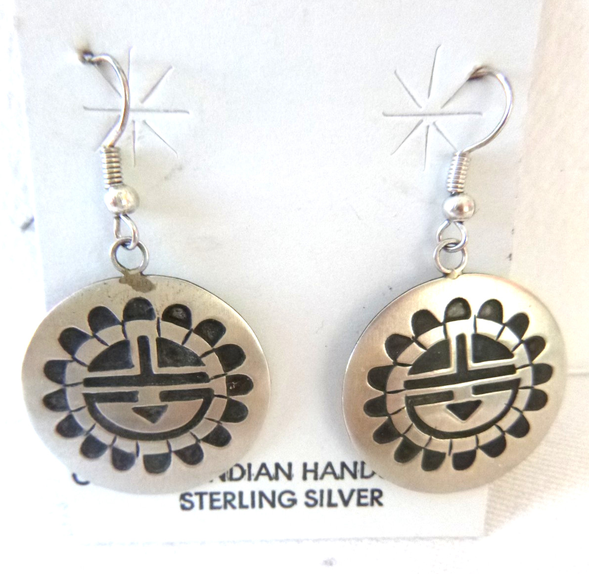 Navajo Stanley Gene SunFace Overlay Style Dangle Earrings 925 Sterling Silver