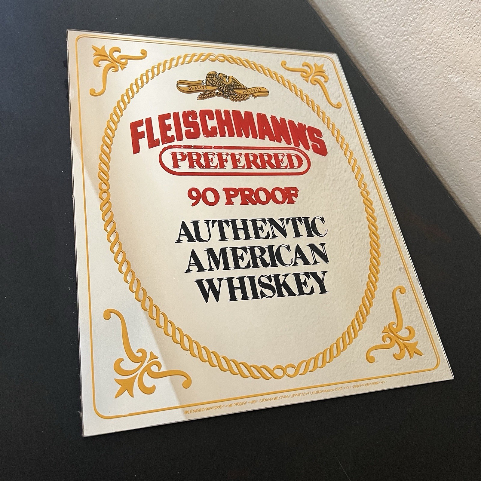 Vintage Fleischmann’s Preferred Whiskey Bar Mirror Sign 90 Proof 15”x12”