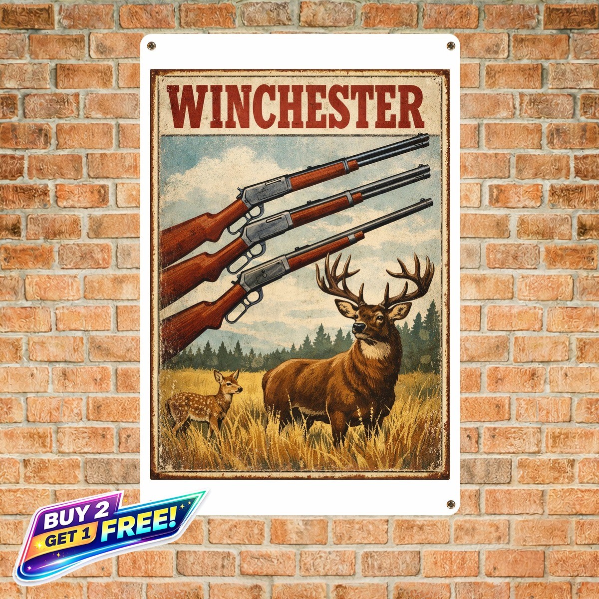 Winchester Rifle and Deer Hunting Scene Vintage Tin Metal Sign Home Decor