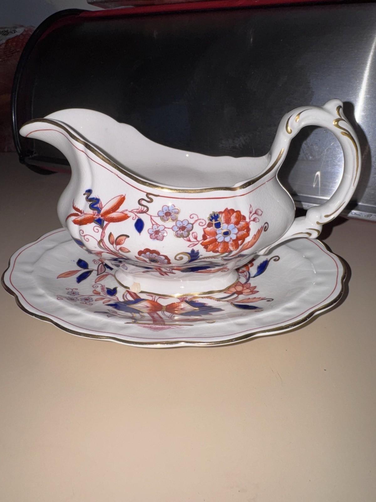 1920 RARE Booths “Fresian” Gravy Boat & Underplate Scalloped Gold Rim A8022