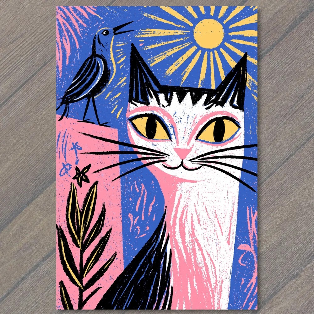 POSTCARD Cat Yellow Eyes Black White Bird Pink Blue Background Surreal Bright