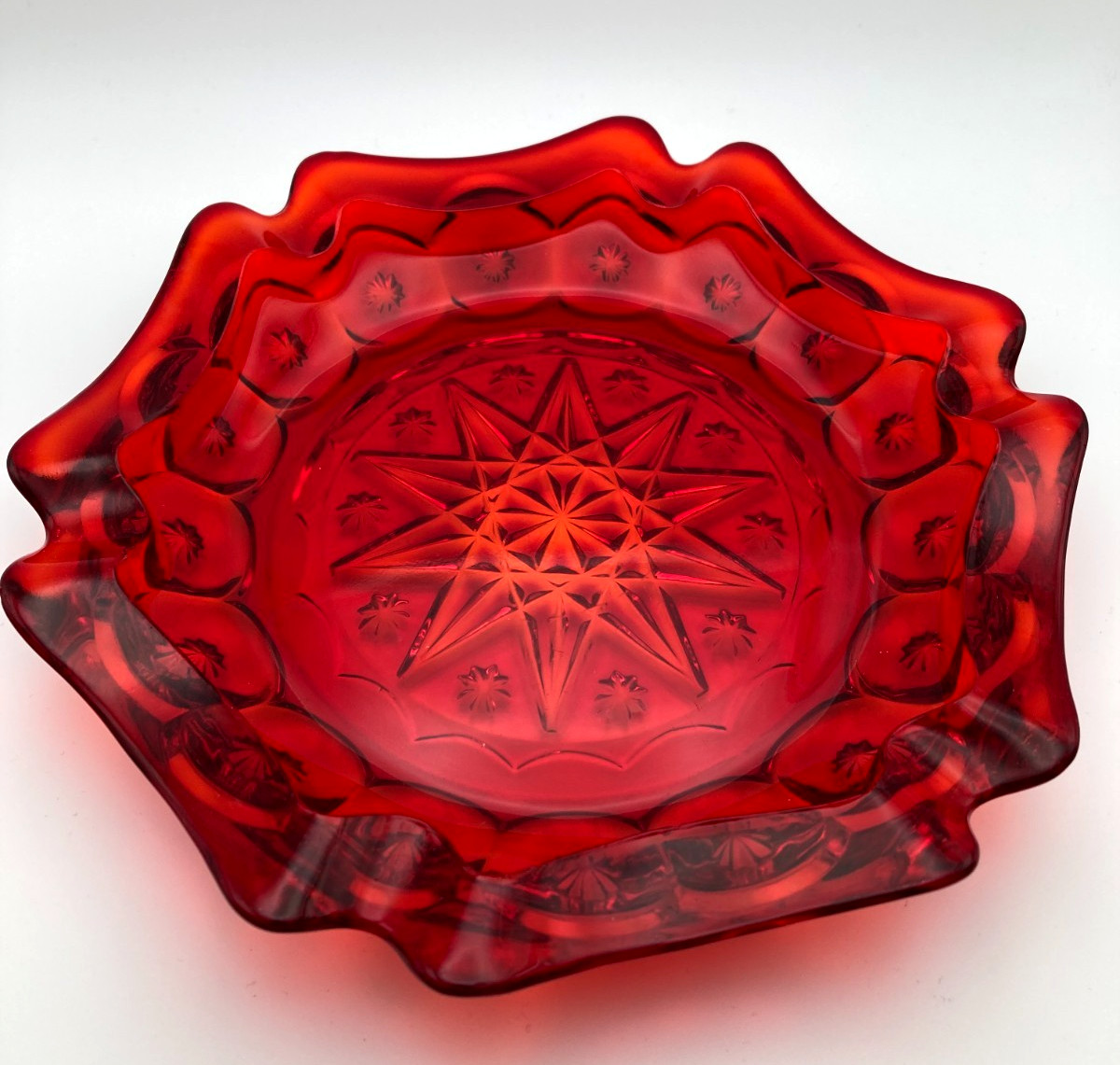 Vintage Ruby Red Pressed Glass 9” Bowl Starburst Scalloped Edge MCM