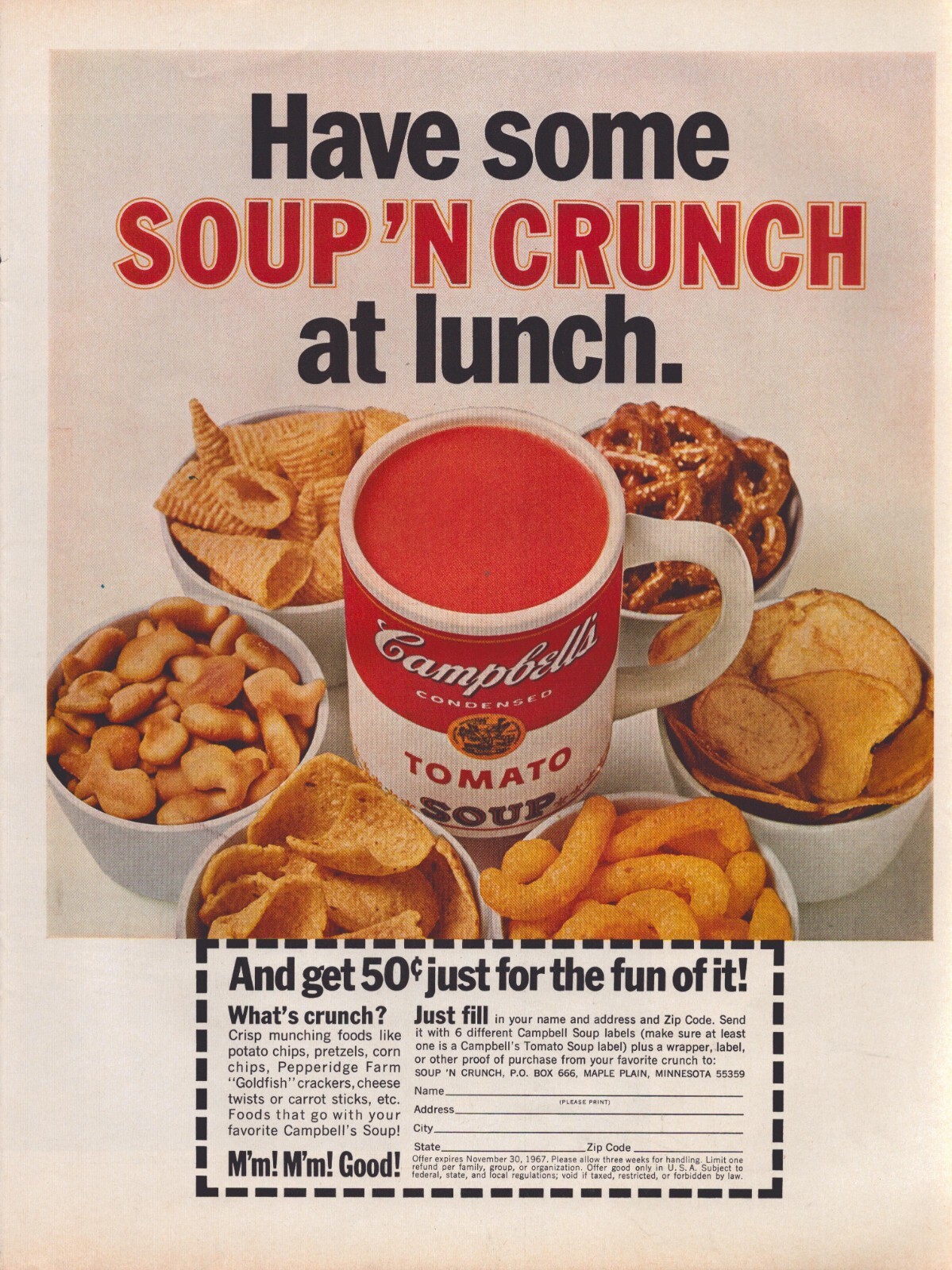 1967 Campbells Tomato Soup Print Ad Soup And Crunch At Lunch Mug
