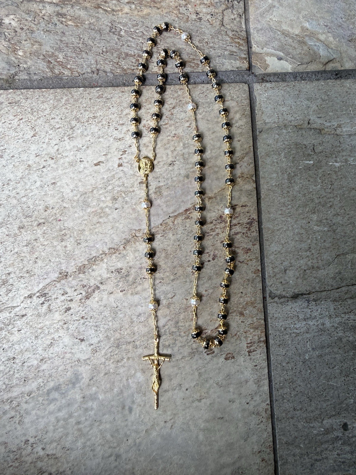 Beautiful Gold Plated Glass Black Beads Catholic Rosary 24” Wearable Y Necklace