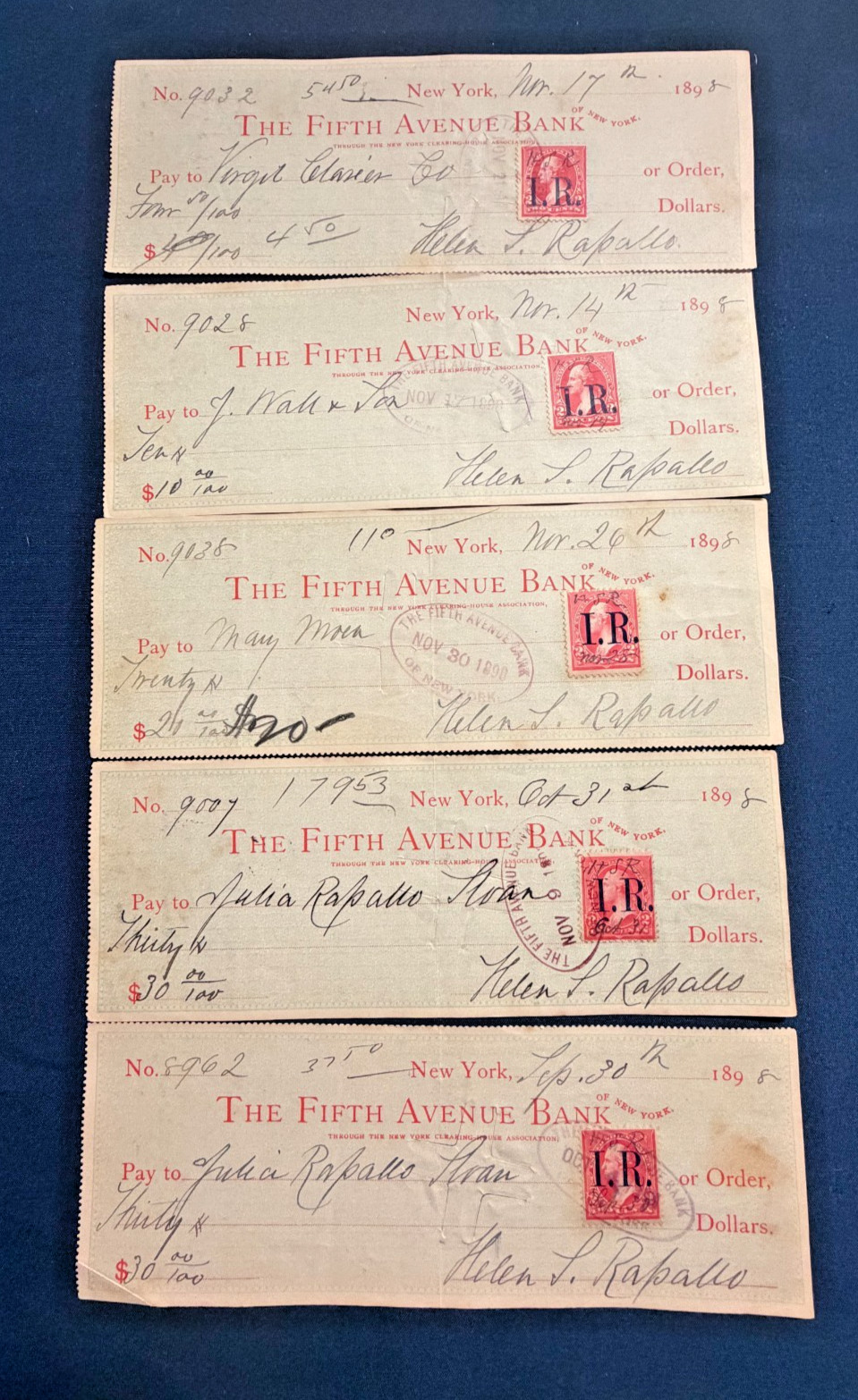1898 Spanish American War Era Check Lot (5) Revenue Stamps Fifth Avenue Bank NY